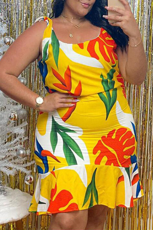 Желтое сексуальное повседневное платье большого размера с принтом, базовое платье с U-образным вырезом и жилетом