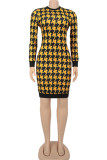 Yellow British Style Print Hollowed Out O Neck A Line Dresses