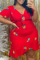 Красное модное повседневное платье больших размеров с принтом, базовое платье с V-образным вырезом и короткими рукавами
