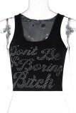Black Sexy Casual Hot Drilling Basic U Neck Tops