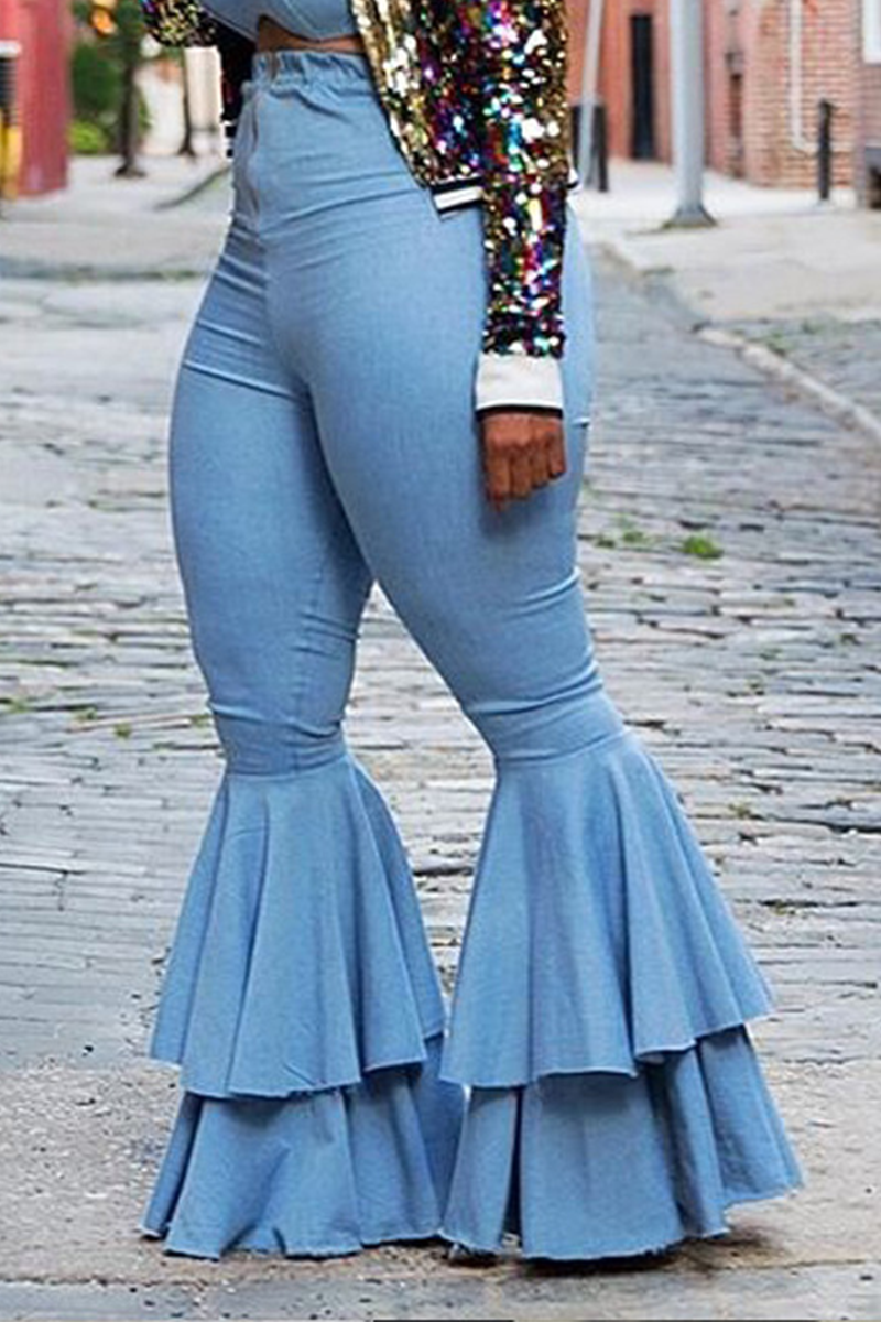 

Blue Casual Solid Split Joint Boot Cut High Waist Speaker Solid Color Bottoms