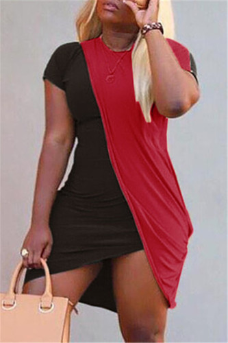 Black Fashion Casual Patchwork Asymmetrical O Neck Short Sleeve Dress