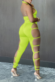 Fluorescerende groene sexy effen uitgeholde halter skinny jumpsuits