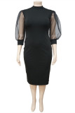 Черные модные однотонные лоскутные прозрачные платья с разрезом и половиной водолазки с длинным рукавом больших размеров