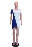 Blue Fashion Casual Patchwork Asymmetrical O Neck Short Sleeve Dress