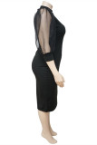 Black Fashion Solid Patchwork See-through Slit Half A Turtleneck Long Sleeve Plus Size Dresses