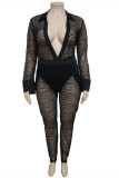 Black Sexy Patchwork See-through Turndown Collar Long Sleeve Two Pieces