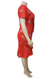 Red Fashion Casual Plus Size Print Basic V Neck Short Sleeve Dress