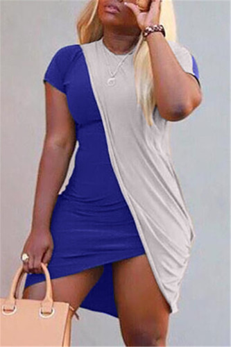 Blue Fashion Casual Patchwork Asymmetrical O Neck Short Sleeve Dress