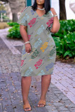 Серое модное повседневное базовое платье с коротким рукавом и v-образным вырезом с принтом