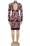 Red British Style Print Hollowed Out O Neck A Line Dresses