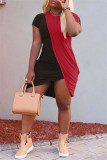 Black Fashion Casual Patchwork Asymmetrical O Neck Short Sleeve Dress