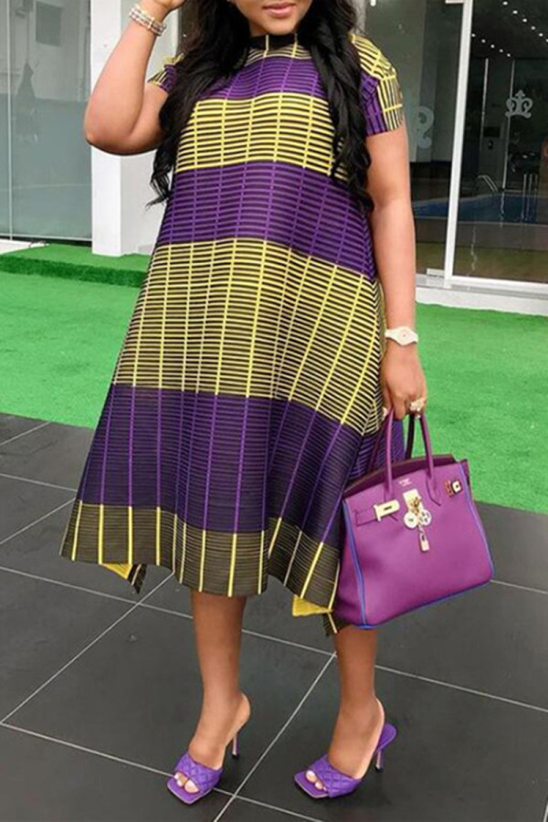 Желто-фиолетовое модное повседневное платье больших размеров в стиле пэчворк с круглым вырезом и коротким рукавом
