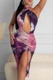 Paarse sexy patchwork uitgeholde tie-dye onregelmatige jurk jurken