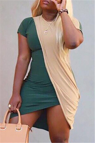 Ink Green Fashion Casual Patchwork Asymmetrical O Neck Short Sleeve Dress