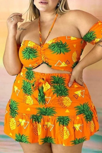 Yellow Fashion Sexy Print Backless Strapless Plus Size Two Pieces