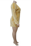 Vestidos casuais sensuais amarelos com contas sólidas decote em V manga longa plus size