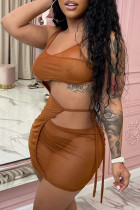 Brown Sexy Solid Hollowed Out See-through Spaghetti Strap Wrapped Skirt Dresses (Unlined)