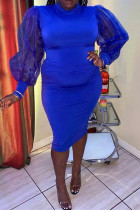 Blauwe mode effen patchwork doorzichtige split halve coltrui lange mouwen grote maten jurken