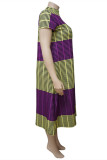 Robe mode décontractée grande taille patchwork basique col rond manches courtes jaune violet