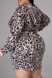 Vestidos com estampa de leopardo moda casual plus size estampa básica gola com capuz mangas compridas