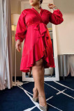 Vestidos casuais vermelho moda básica sólido com decote em V manga longa plus size