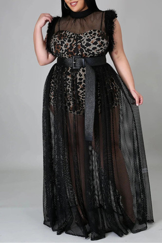 Zwarte sexy plus size patchwork doorschijnende zonder riem coltrui mouwloze jurk