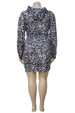 Leopard Print Fashion Casual Plus Size Print Basic Hooded Collar Long Sleeve Dresses