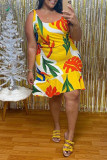 Yellow Sexy Casual Plus Size Print Basic U Neck Vest Dress