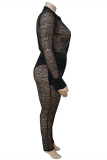 Black Sexy Patchwork See-through Turndown Collar Long Sleeve Two Pieces