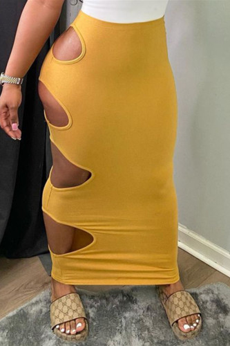 Gele sexy casual effen uitgeholde hoge Qaist rok