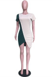 Ink Green Fashion Casual Patchwork Asymmetrical O Neck Short Sleeve Dress