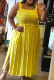 Vestido amarelo moda sexy plus size sem mangas com fenda e alças finas