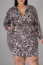 Leopardtryck Mode Casual Plus Size Print Basic Hood Collar Långärmad Klänningar
