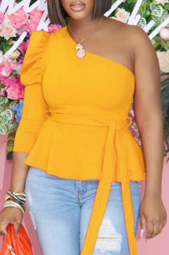 Yellow Fashion Casual Solid Backless Oblique Collar Tops
