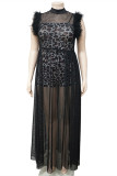 Black Sexy Plus Size Patchwork See-through Without Belt Turtleneck Sleeveless Dress