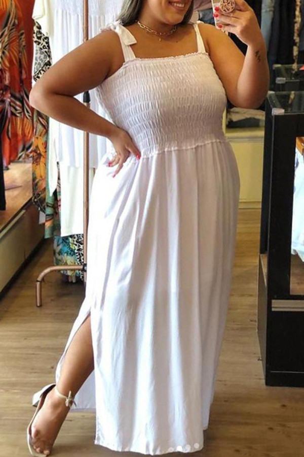 Белое модное сексуальное платье больших размеров с однотонным разрезом на тонких бретелях без рукавов