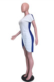Blue Fashion Casual Patchwork Asymmetrical O Neck Short Sleeve Dress