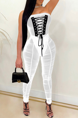 White Sexy Patchwork Mesh Strapless Skinny Jumpsuits