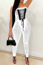 White Sexy Patchwork Mesh Strapless Skinny Jumpsuits