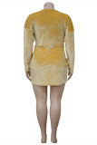 Yellow Sexy Casual Solid Beading V Neck Long Sleeve Plus Size Dresses