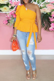オレンジ ファッション カジュアル ソリッド バックレス オブリーク カラー トップス