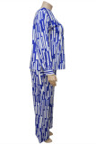 Colarinho oblíquo básico com estampa de moda azul manga longa duas peças
