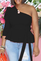 Black Fashion Casual Solid Backless Oblique Collar Tops
