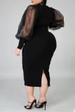 Moda preta sólida patchwork transparente fenda meia gola alta manga comprida vestidos plus size