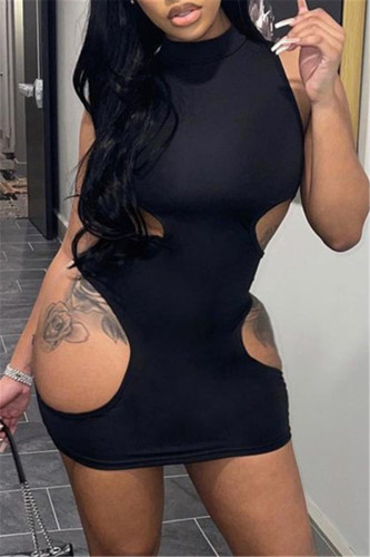 Black Fashion Sexy Solid Hollowed Out O Neck Sleeveless Dress