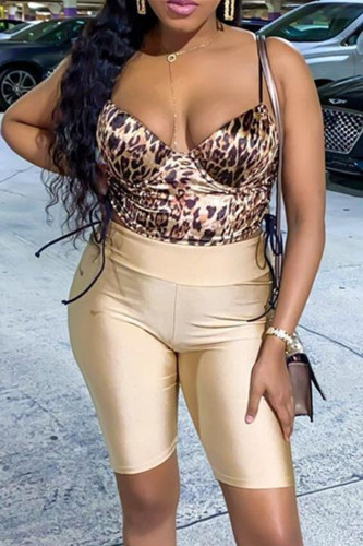 Leopard Print Sexy Casual Leopard Strap Design Spaghetti Strap Sleeveless Two Pieces