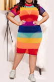 Regenboogkleur sexy print patchwork halve col kokerrok plus maten jurken