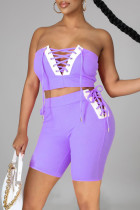 Фиолетовый сексуальный повседневный однотонный лоскутный дизайн с открытой спиной и ремешками без рукавов из двух частей