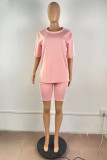 Pink Fashion Casual Solid Patchwork O Neck Short Sleeve Two Pieces